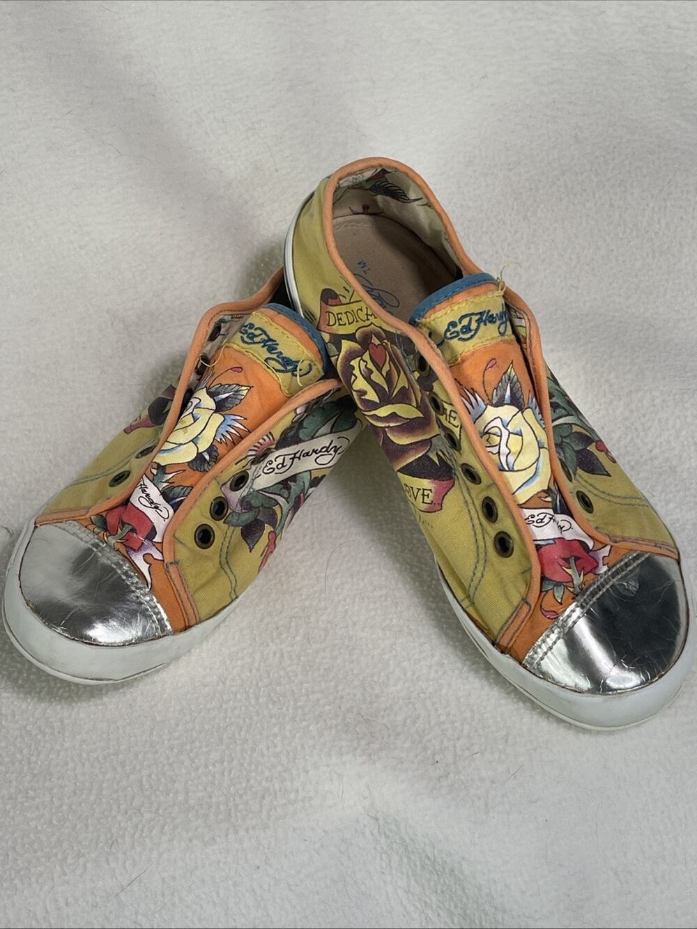 Y2K Ed Hardy Women’s Shoes Size 7 Yellow/ Orange With Metallic Style Cap Toe